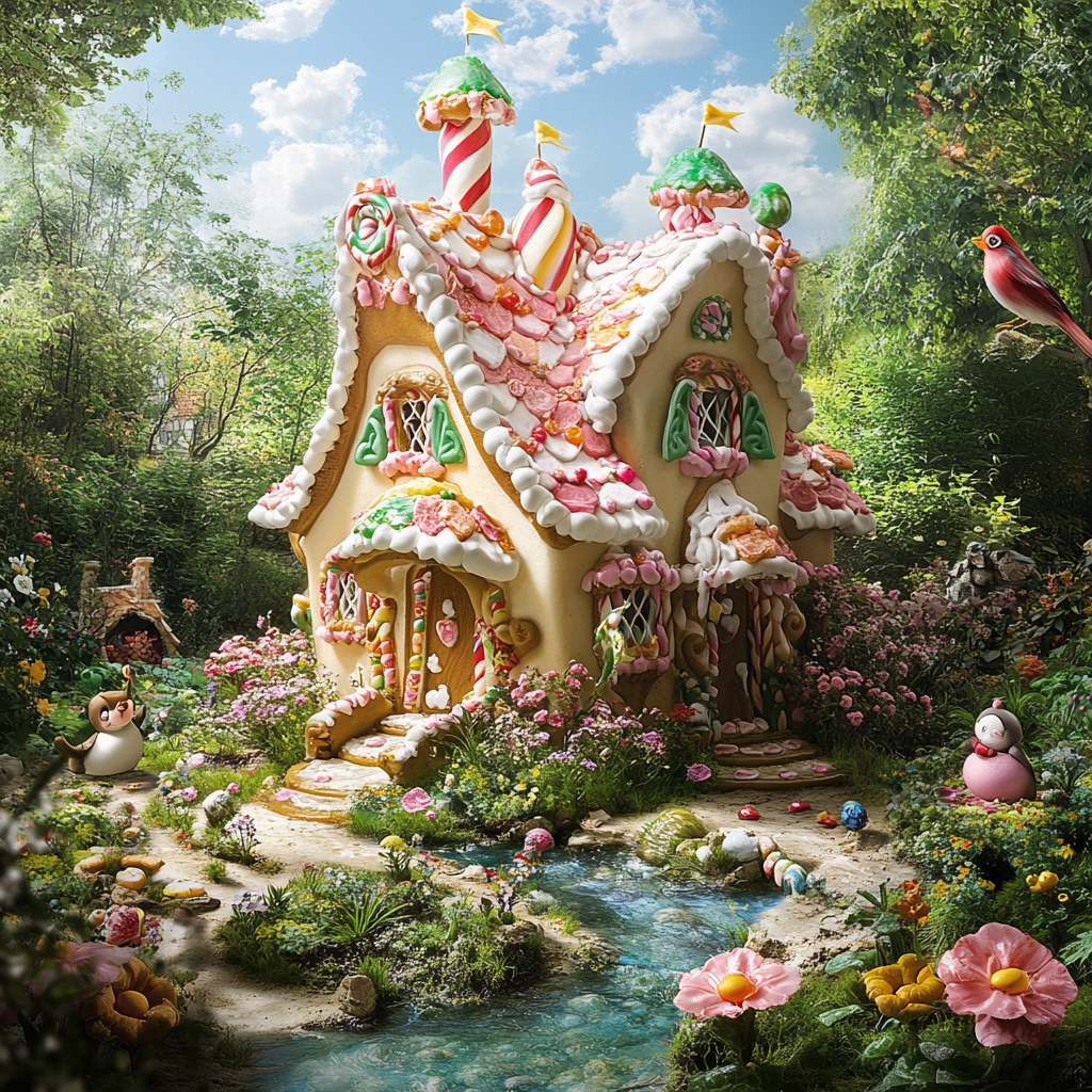 Whimsical pastry house in natural setting, looks like cake.