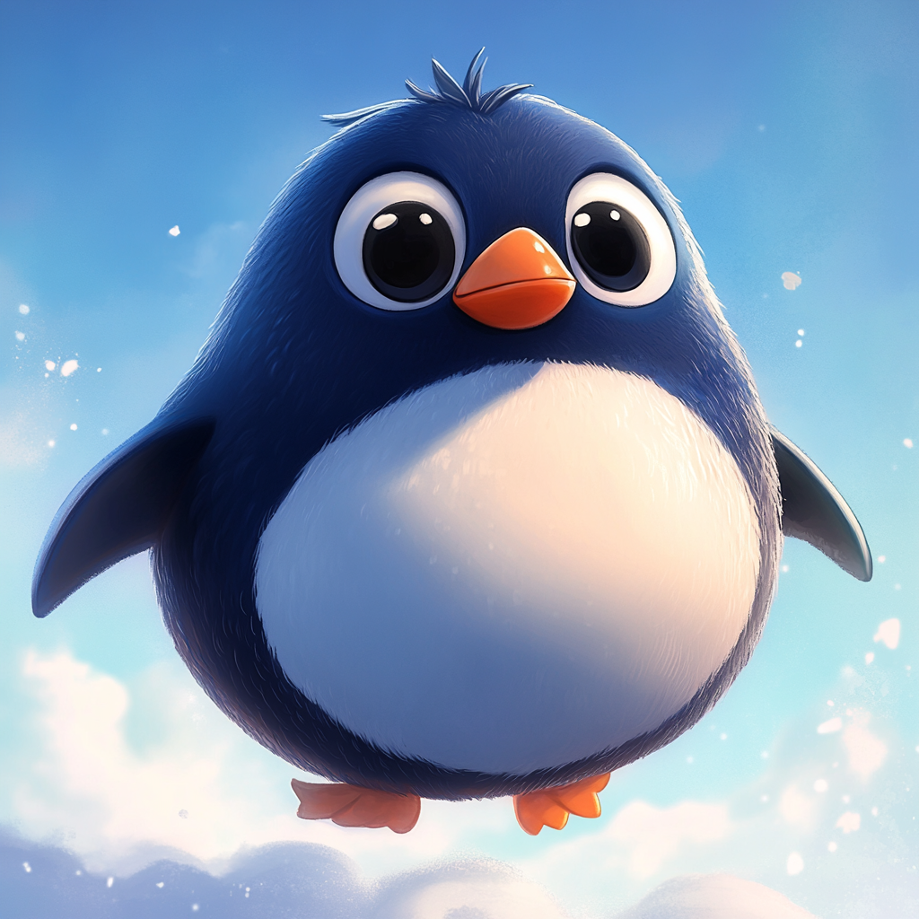 Whimsical penguin dances under fluffy, pastel skies