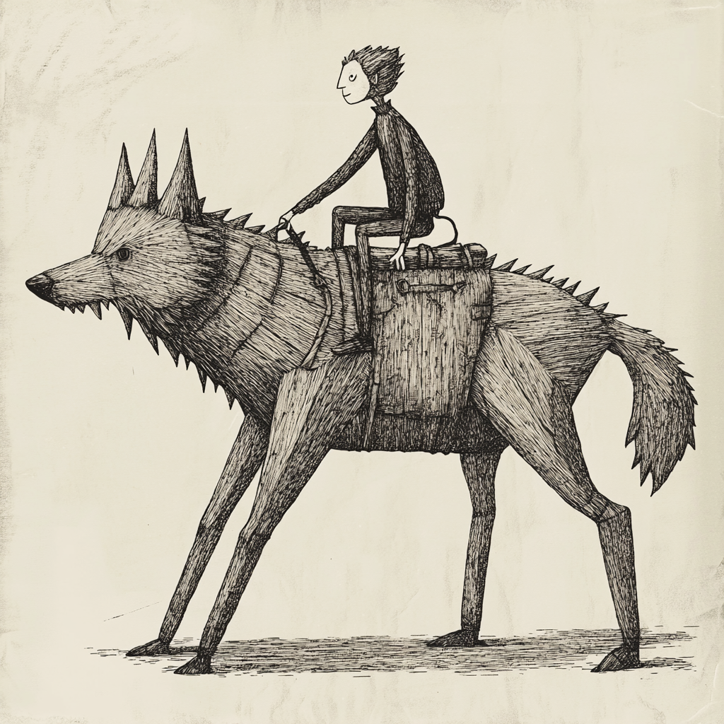 Whimsical person rides wooden wolf in surreal setting.