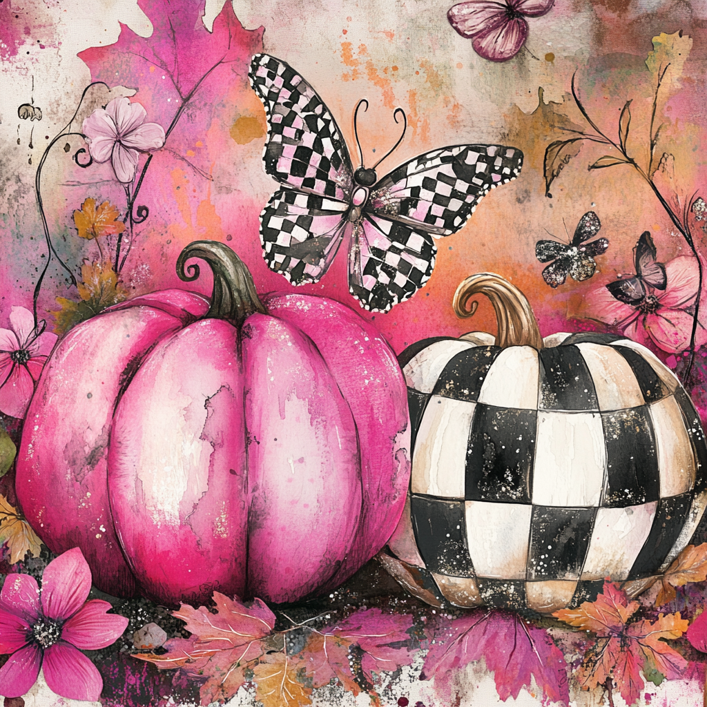 Whimsical pink fall watercolor of sparkly Paris pumpkins.