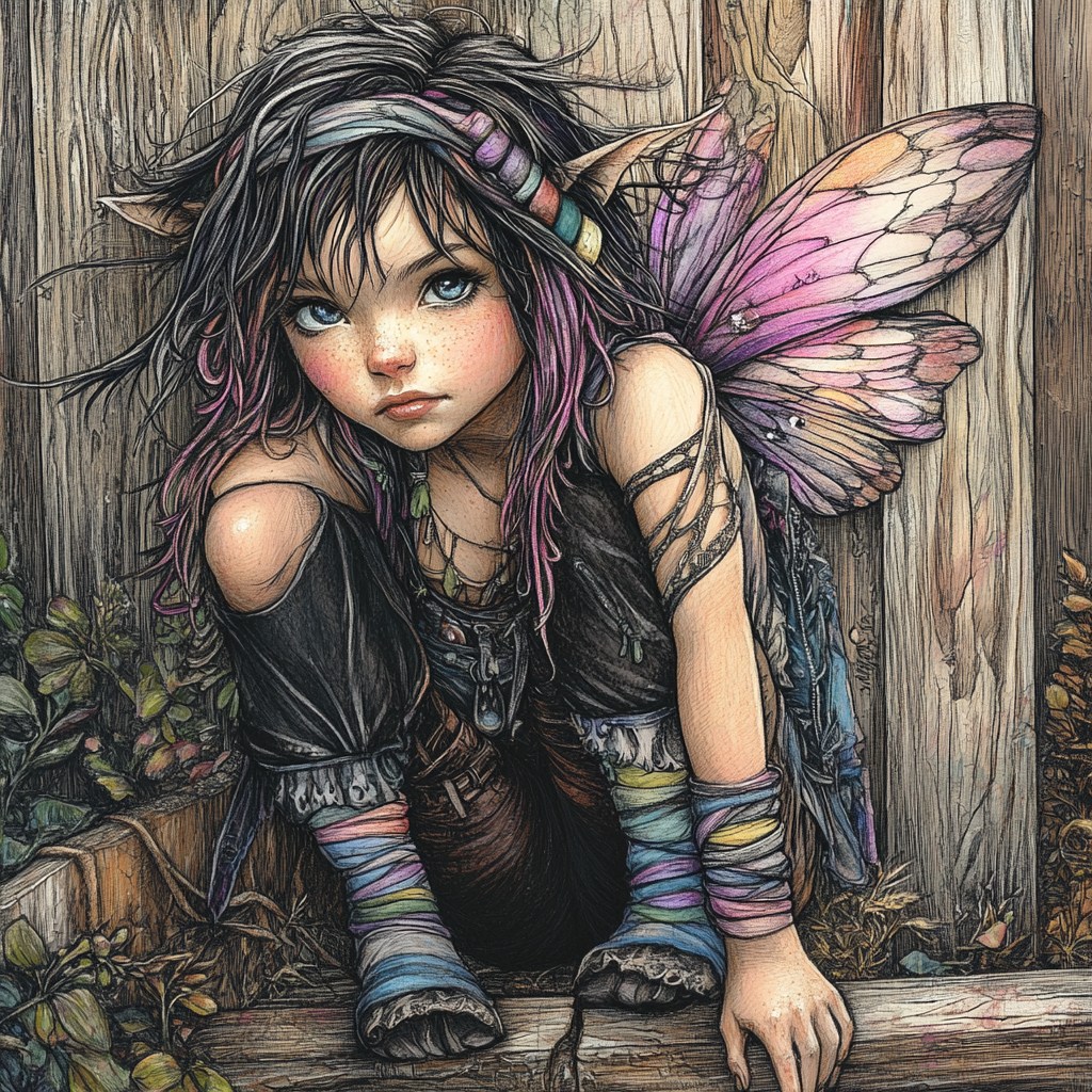 Whimsical pixy fairy in boho clothing by wooden fence.