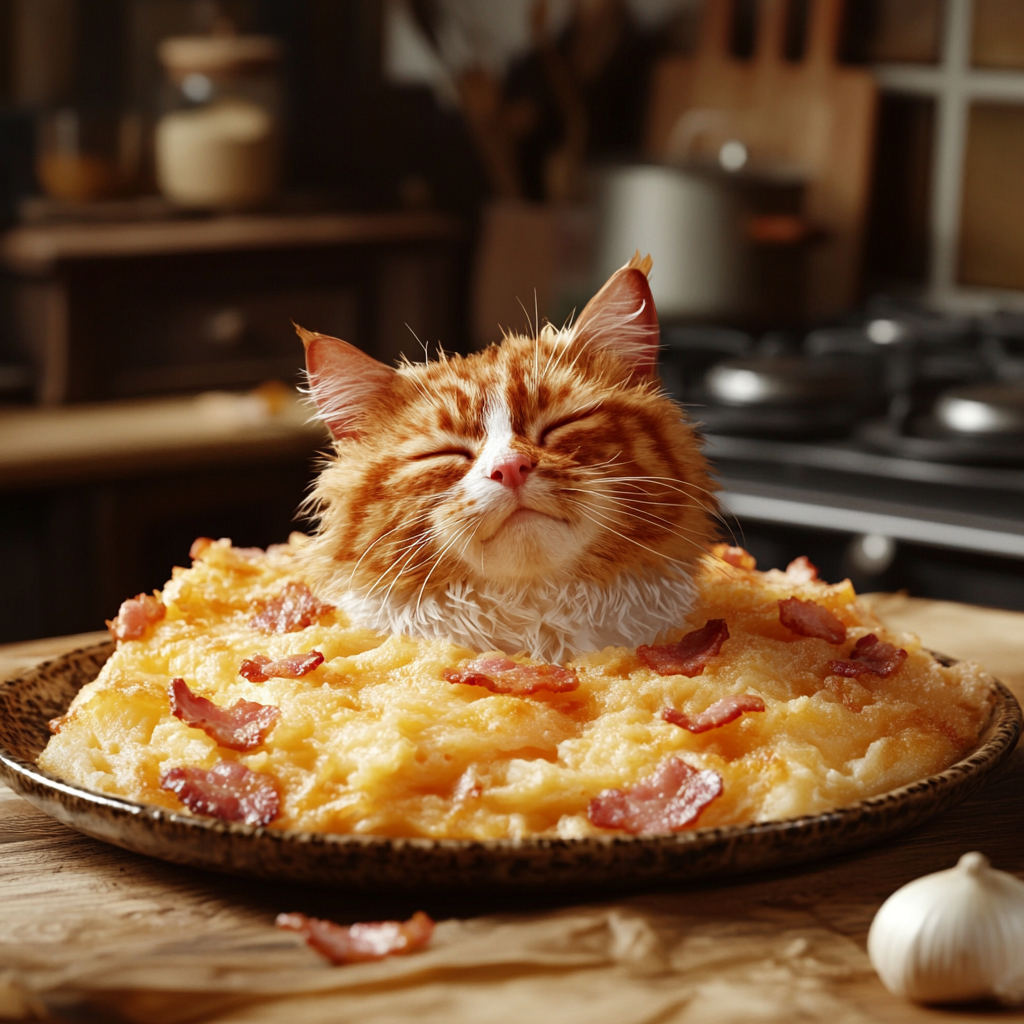 Whimsical scene with cat resembling tartiflette ingredients.