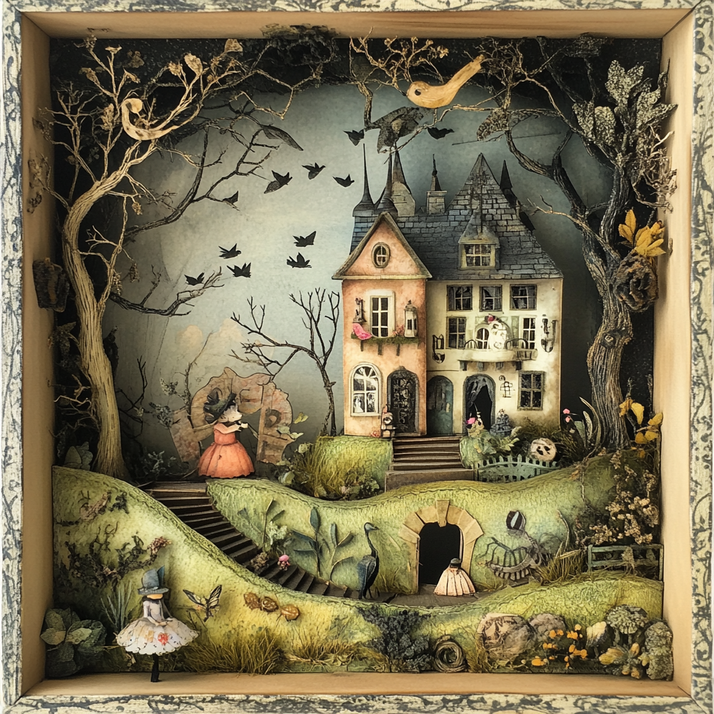 Whimsical shadow box diorama with cut-out illustrations