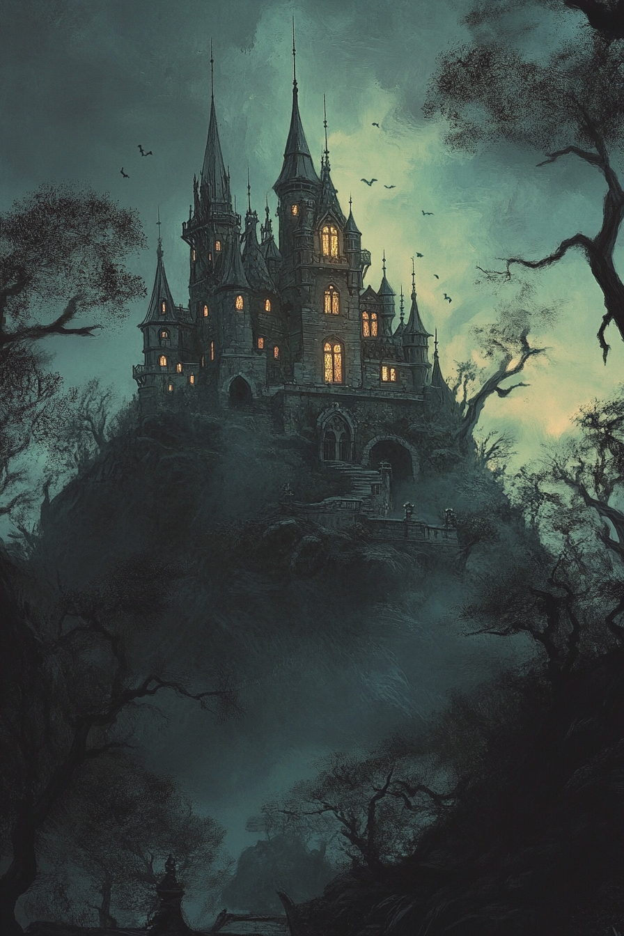 Whimsical spooky castle on hill in dark forest.