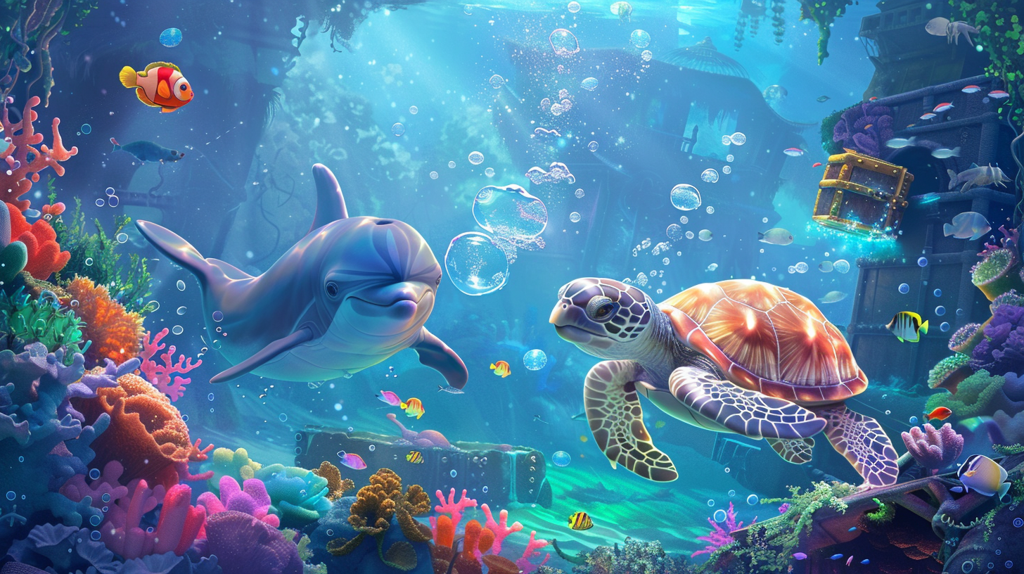 Whimsical underwater scene with dolphin, turtle and fish.