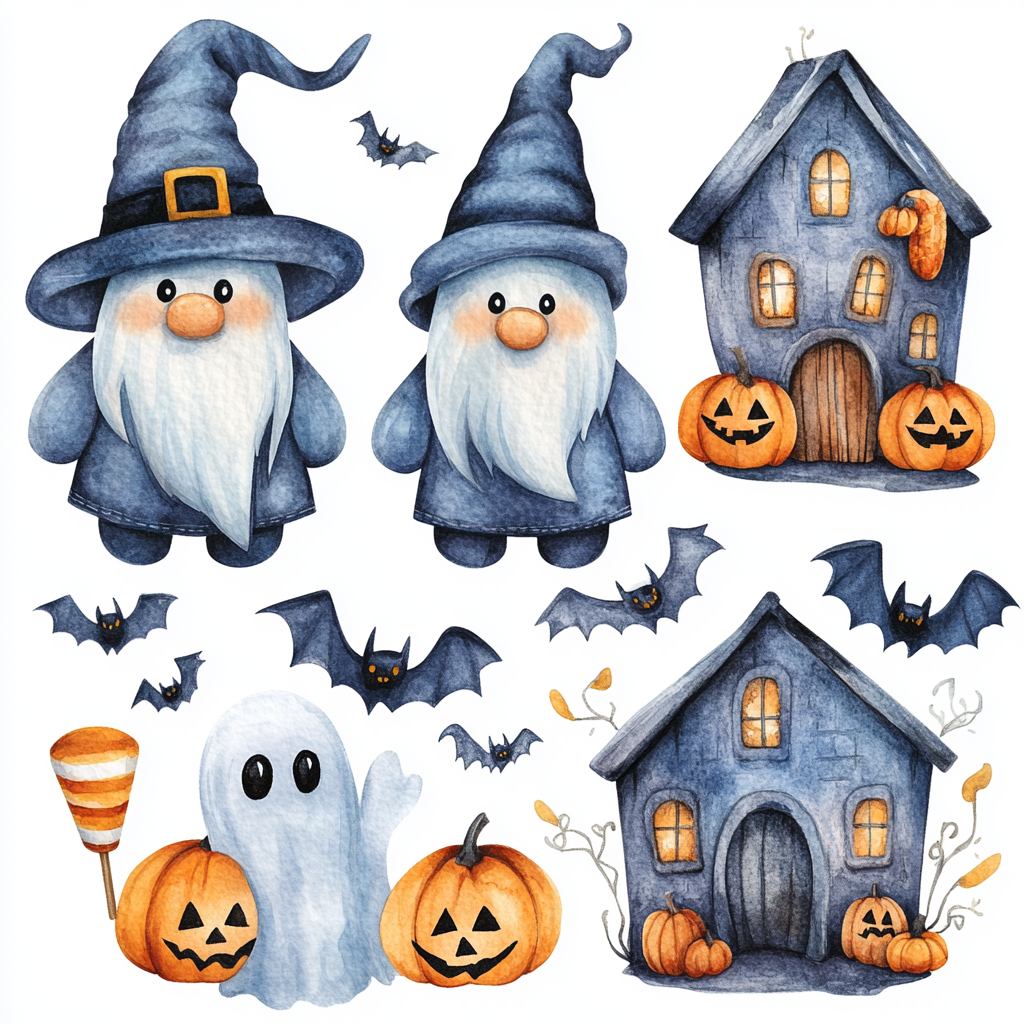 Whimsical watercolor Witchy Gnome clipart with cute elements.