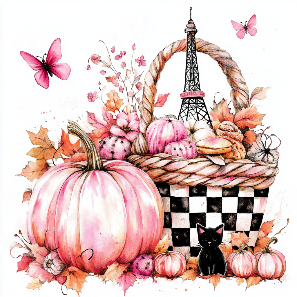 Whimsical watercolor illustration of pink fall harvest baskets.