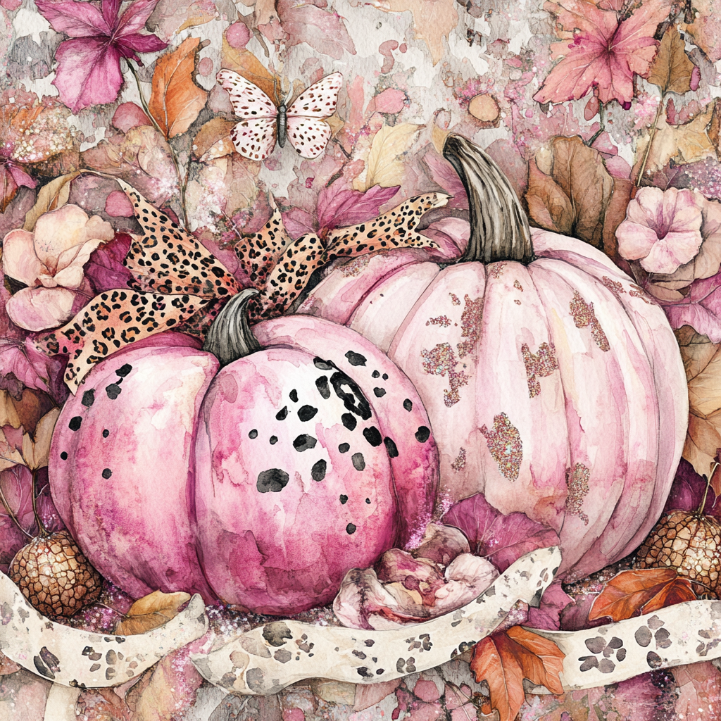 Whimsical watercolor of pink fall with sparkly pumpkins.