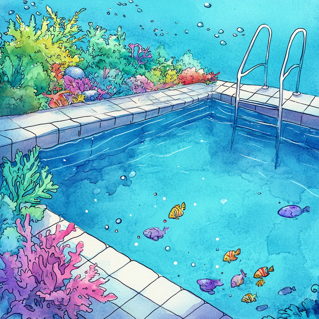 Whimsical watercolor sea floor at pool background illustration