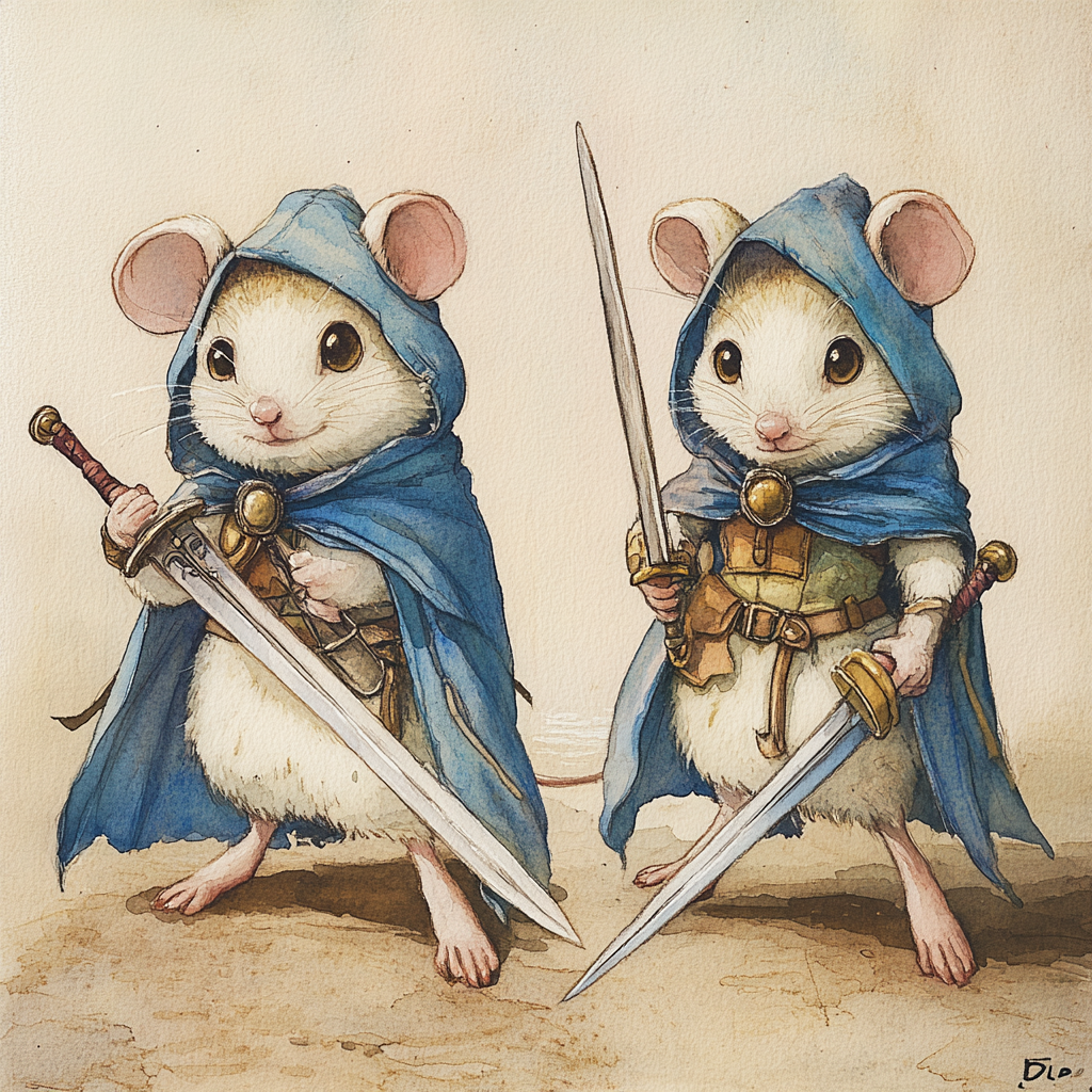 Whimsical white mice in capes with swords, fur details.