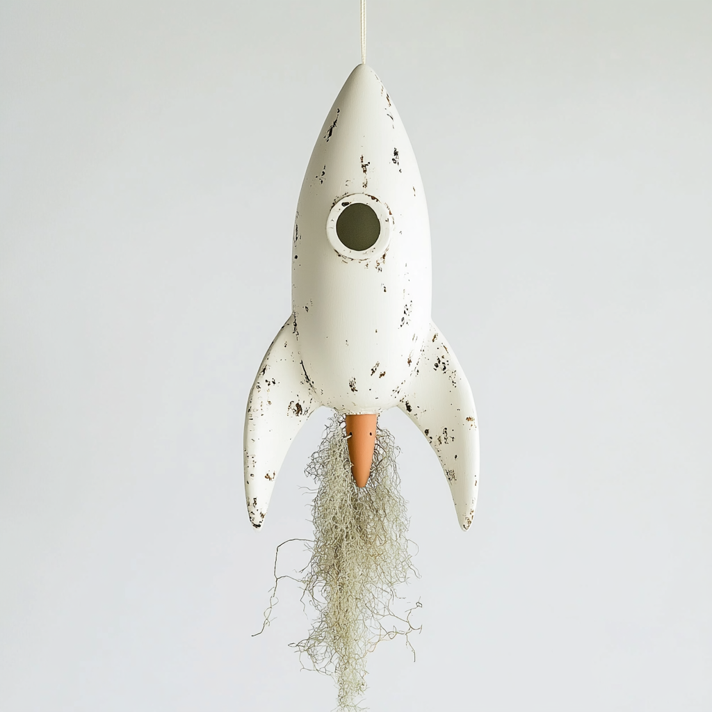 Whimsical white rocket ornament with Spanish moss hanging.