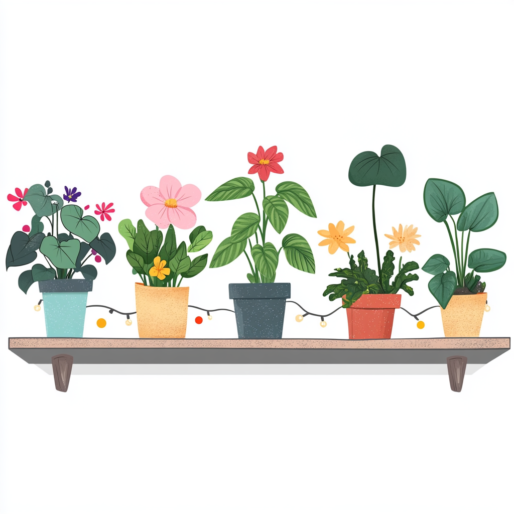 Whimsically illustrated Filipino flowers and houseplants on shelf.