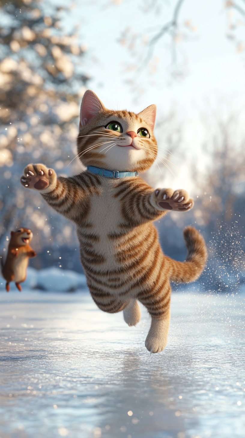 Whiskers the Tabby Cat Sliding on Ice