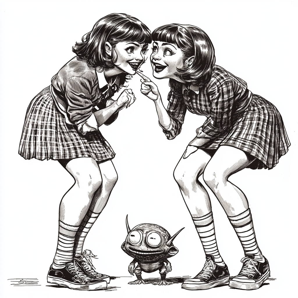 Whispering schoolgirls discover small alien, humorous pen drawing