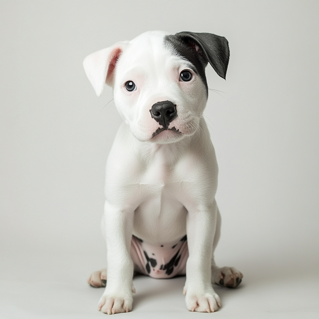 White American Staffordshire puppy with black patch sitting, looking