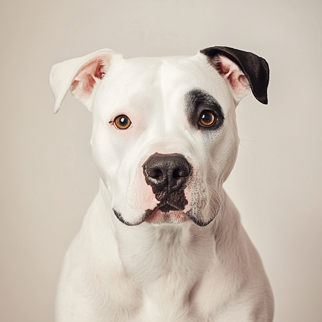 White American Staffordshire with black patch sitting, looking camera.