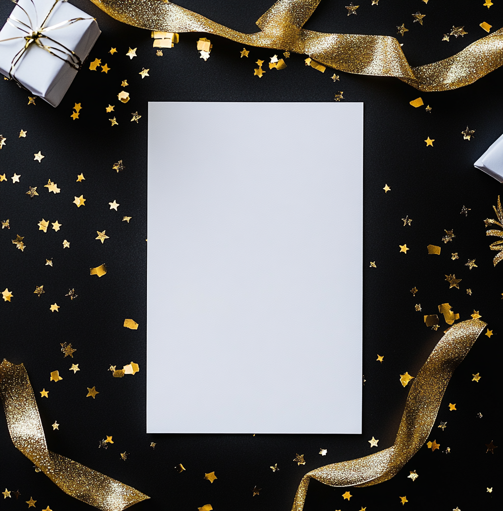 White Blank Card Mockup with Gold Ribbon