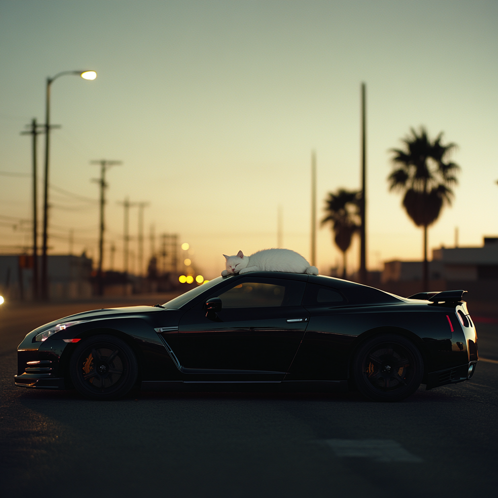 White Cat Sleeping on Black Car at Night