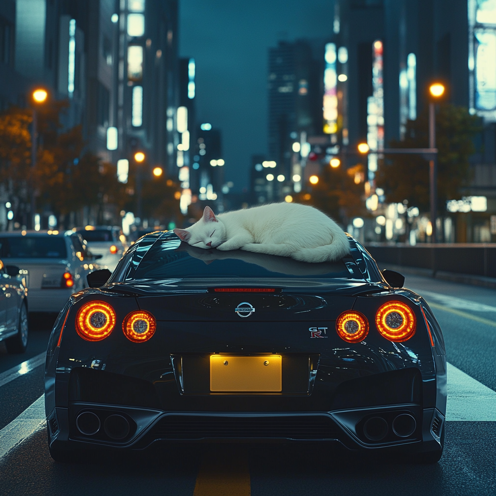 White Cat Sleeps on Black Nissan on Empty Road