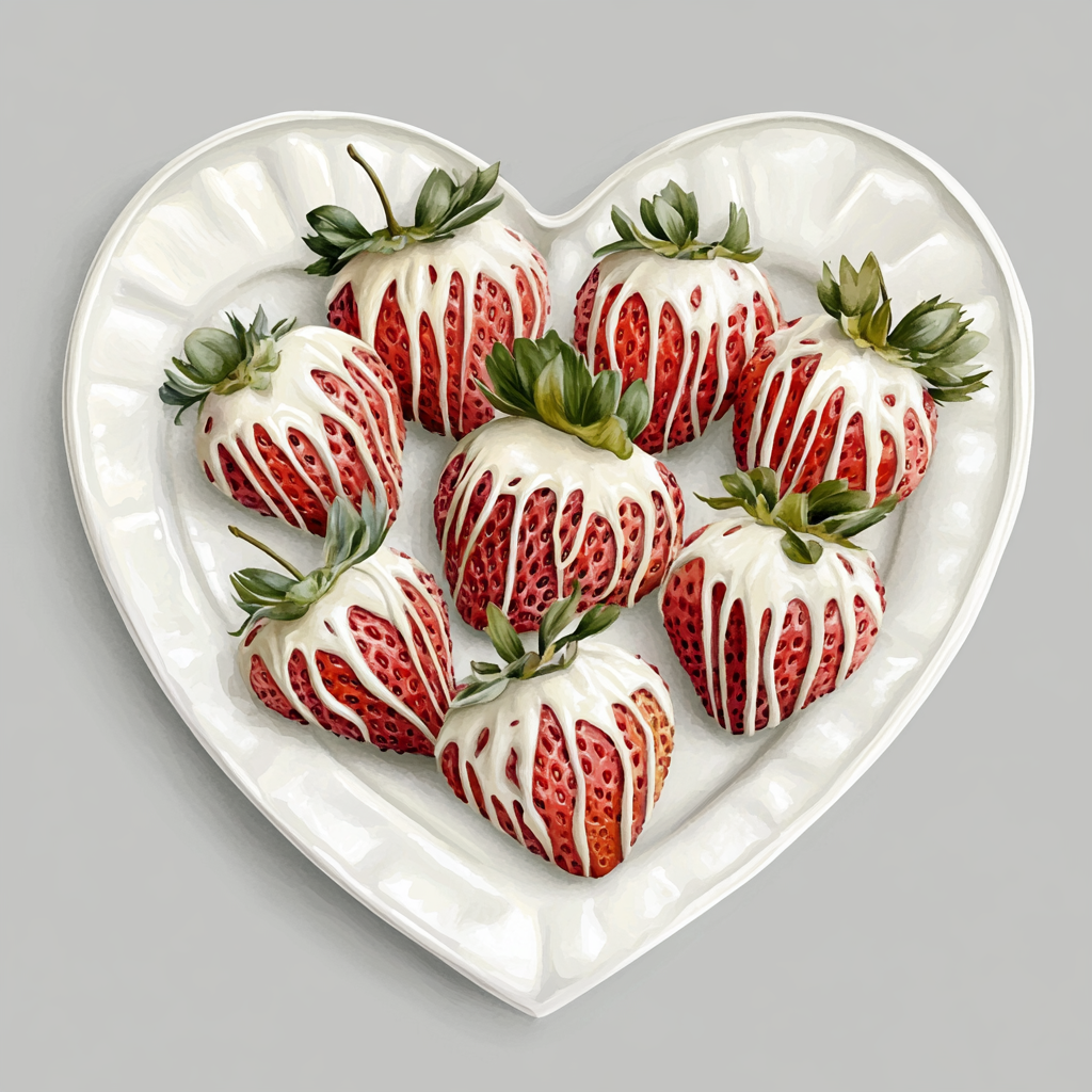 White Chocolate Strawberries on Heart-Shaped Plate