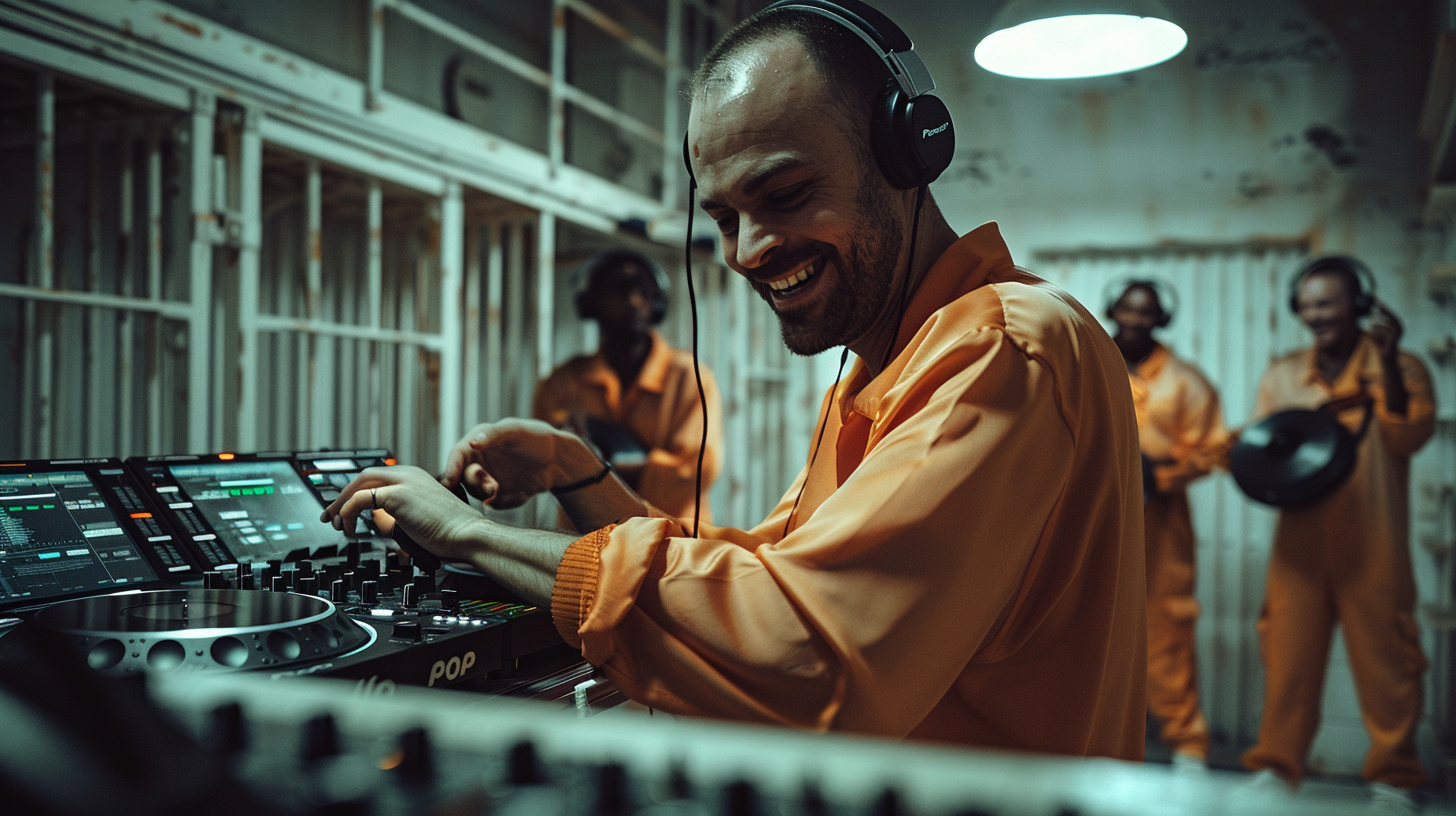 White DJ prisoner smiling using CDJ 2000 decks