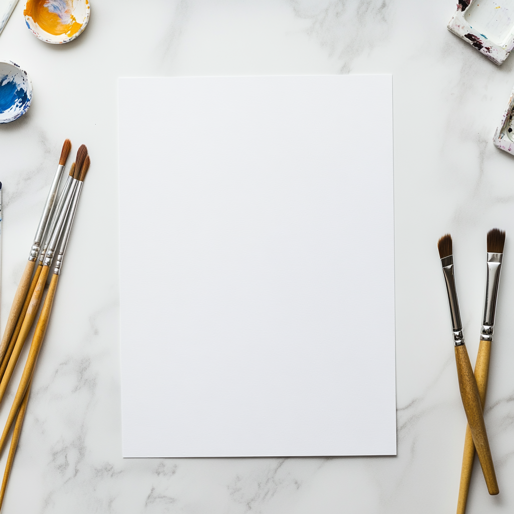 White Desk with Paper and Paintbrushes Mockup