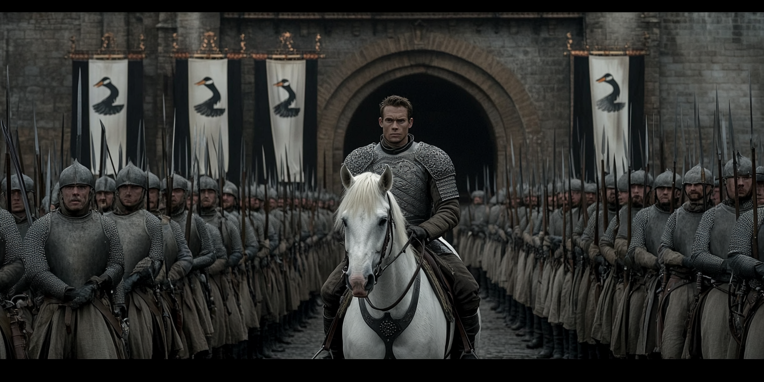 White Horse Led by Man in Armor Fantasy Cinematic Scene 