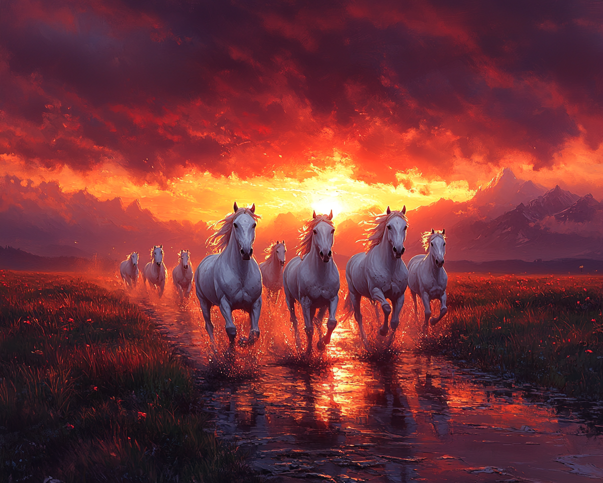 White Horses Running at Sunset Towards You