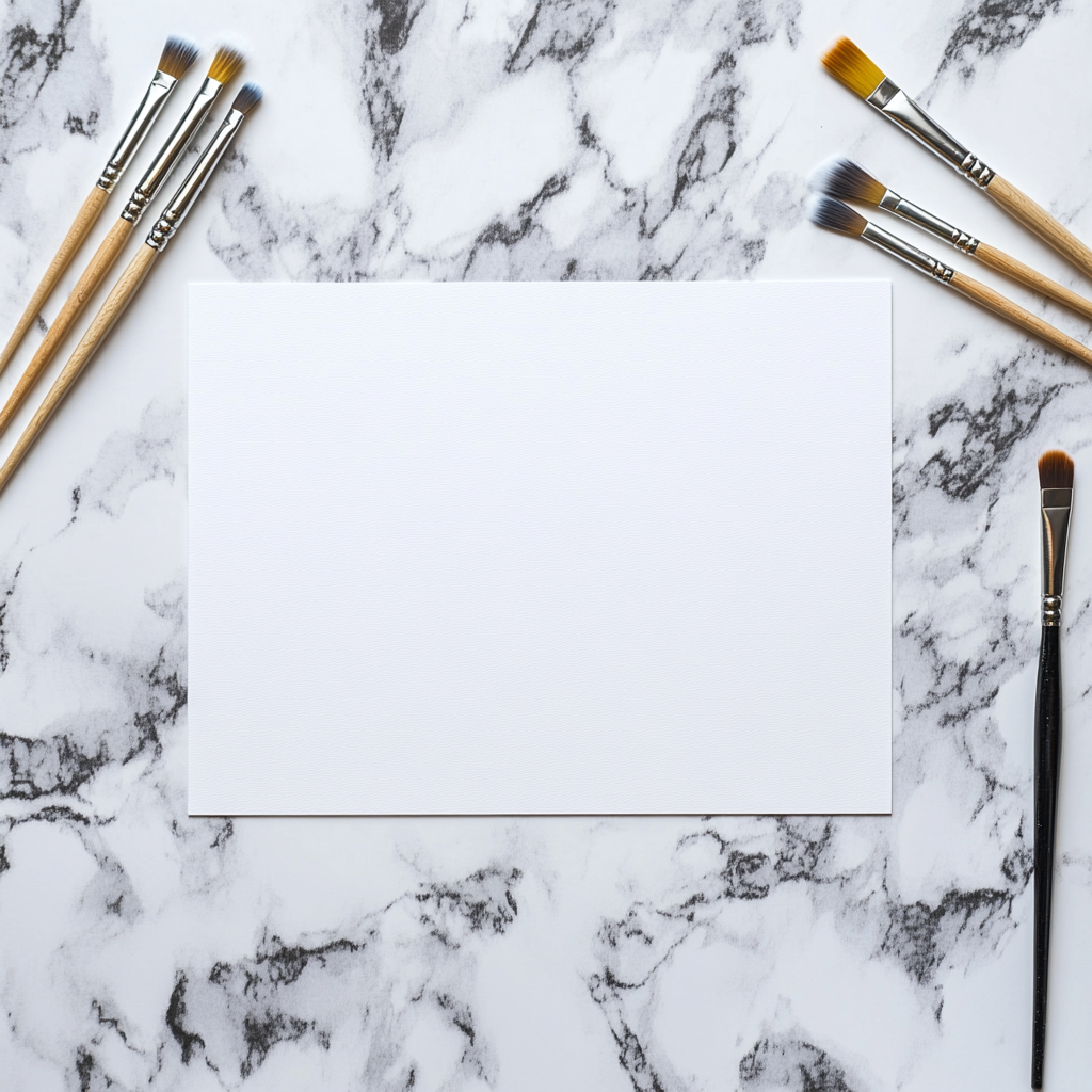 White Marble Desk with A4 Paper and Paintbrushes