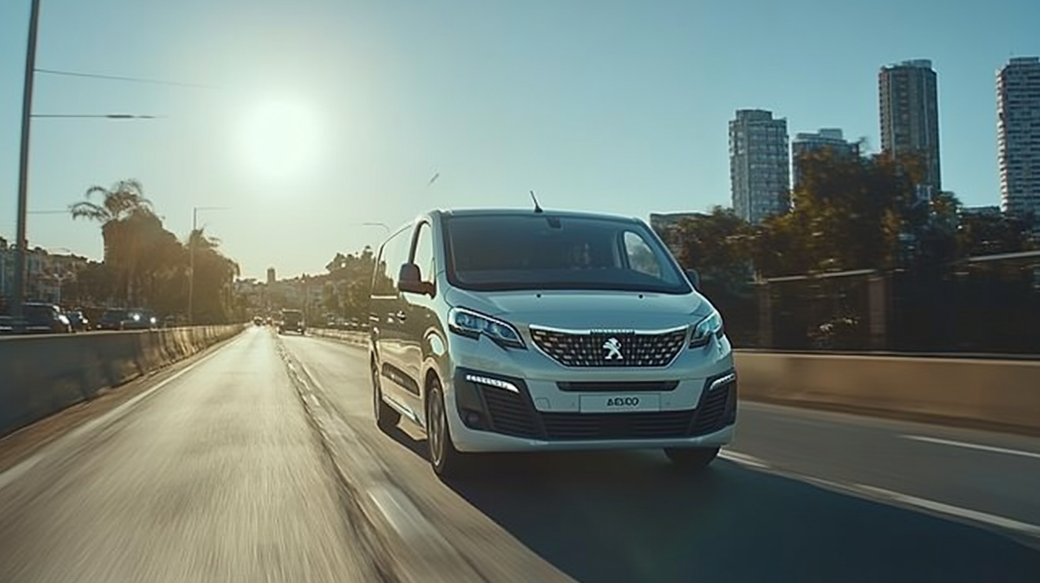 White Peugeot Expert 2023 speeding down highway. Morning, city.