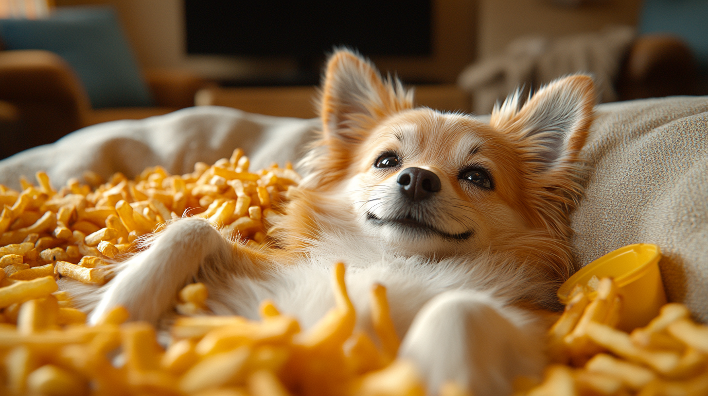 White Pomeranian, 7 years old, surrounded by McDonald's fries.