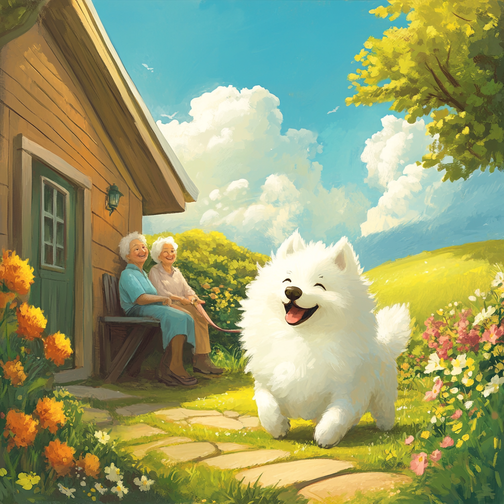 White Samoyed dog Nova playing in peaceful village scenery.