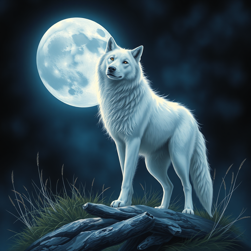 White Wolf Howling at the Moon