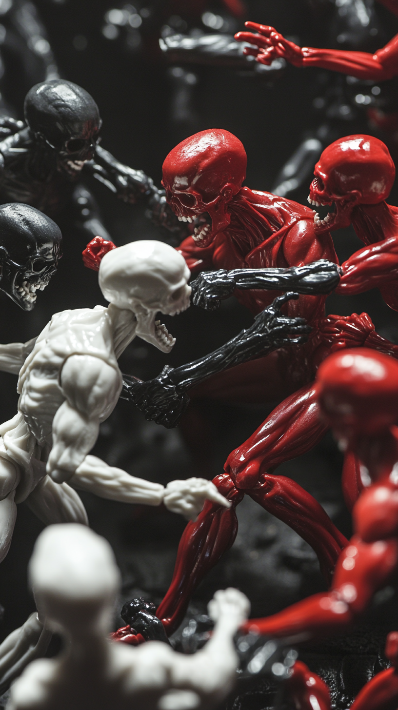 White and red figures with skull heads battle intensely.