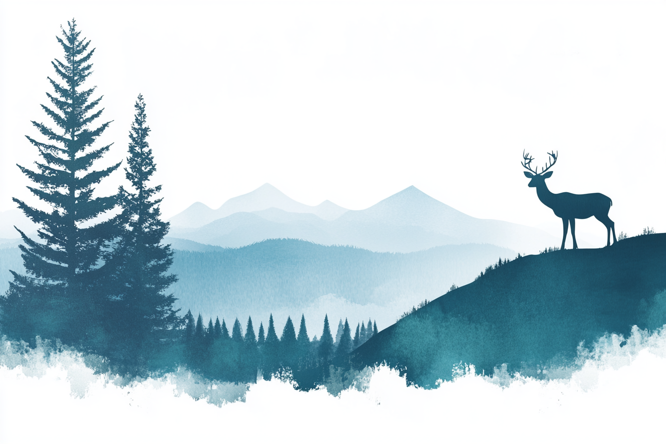 White background, blue forest, tall trees, mountains, deer.