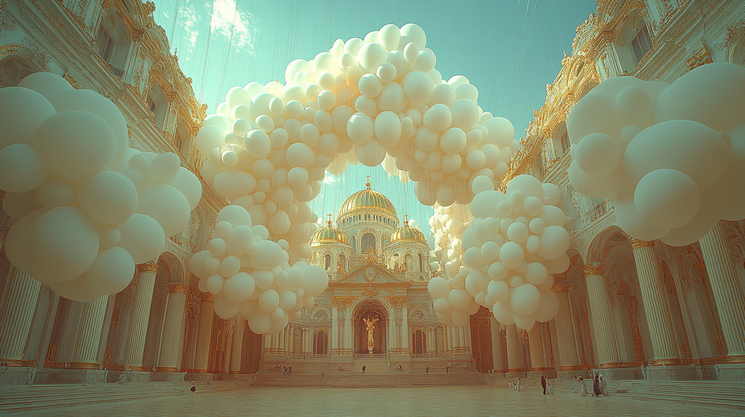 White balloons at Kazan Cathedral in Saint Petersburg