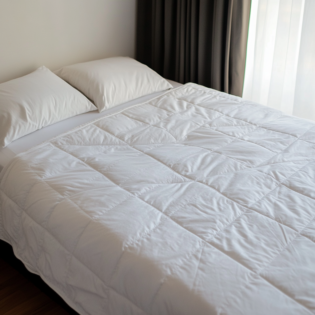 White bed blanket laid flat without wrinkles, stock image.