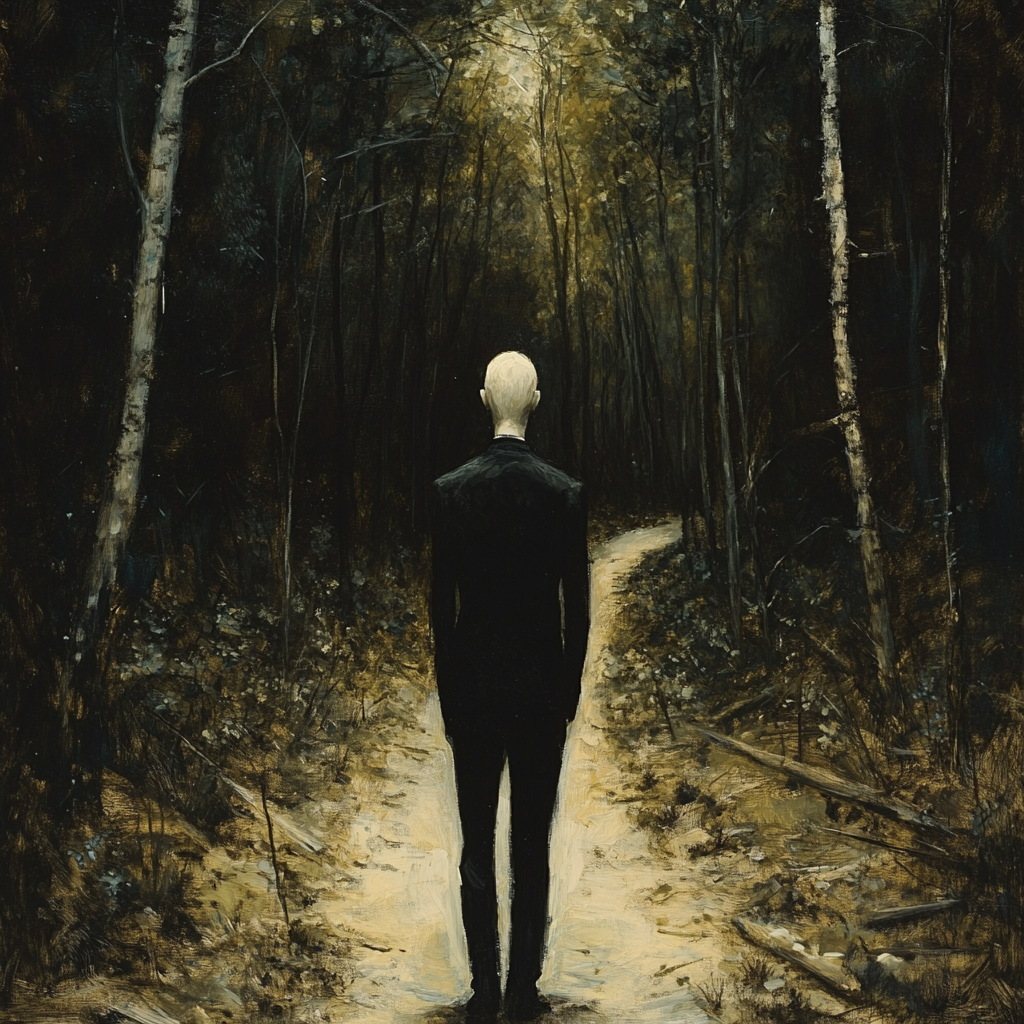 White blonde man in forest, looking back, detailed view.