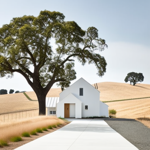 White board and baton farmhouse on sloping field.