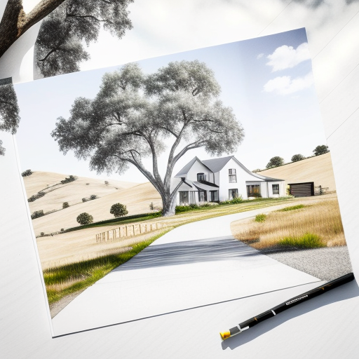 White board farmhouse with oak trees in midday.