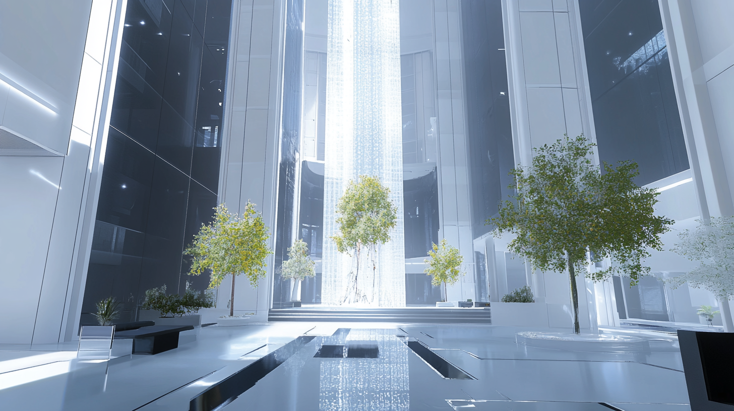 White building with clear bottom lobby and center divide