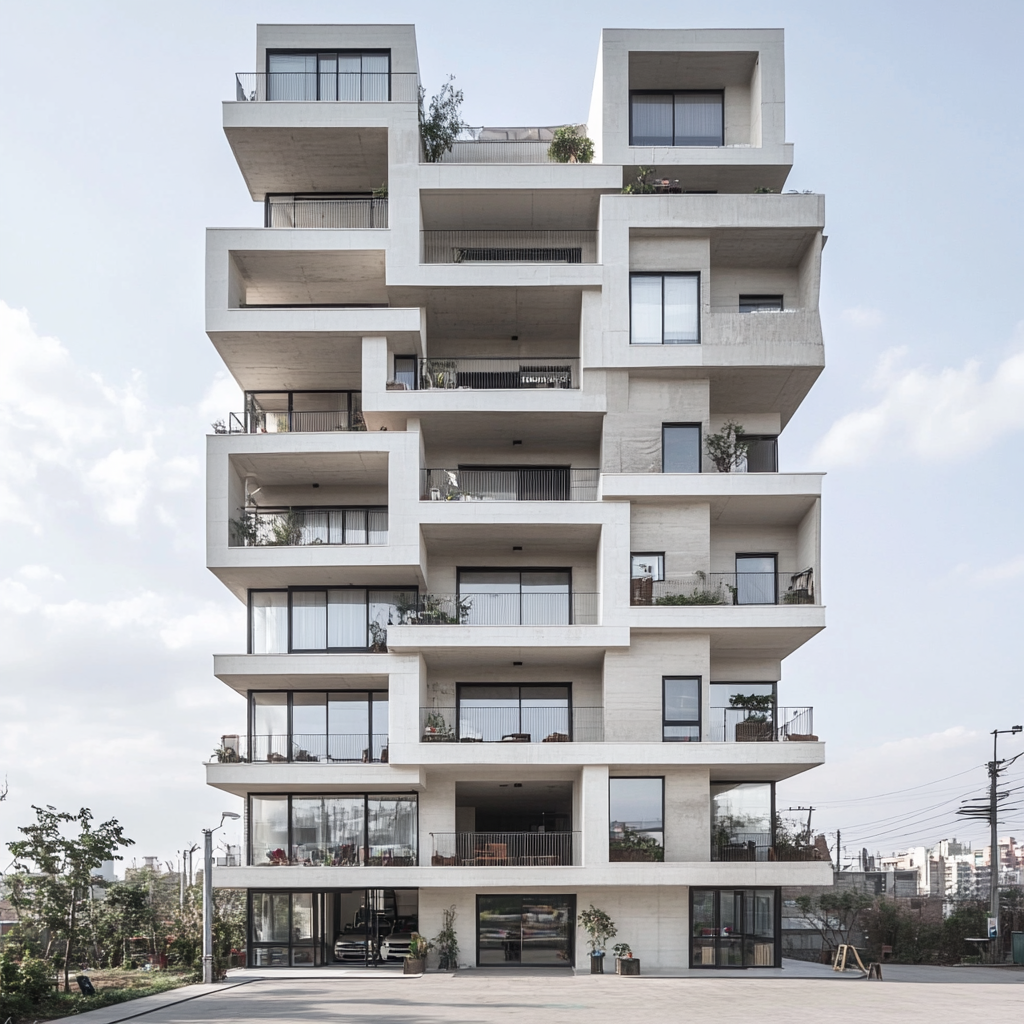 White building with penthouse, market, park, and apartments.