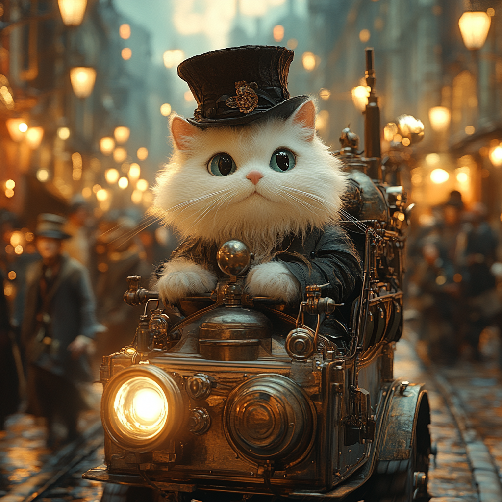 White cat in top hat rides time machine, 3D cartoon.