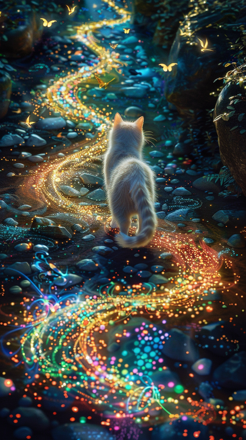 White cat on glowing, multicolored stone path with fairies.