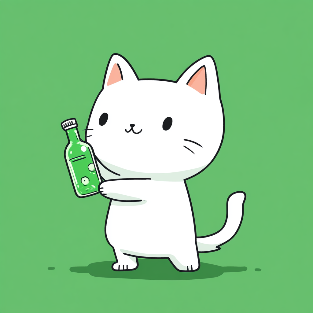 White cat posing with bottle on green background anime-style.