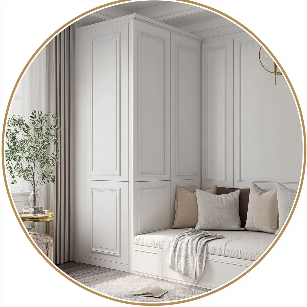 White corner wardrobe in circular golden frame. High resolution.