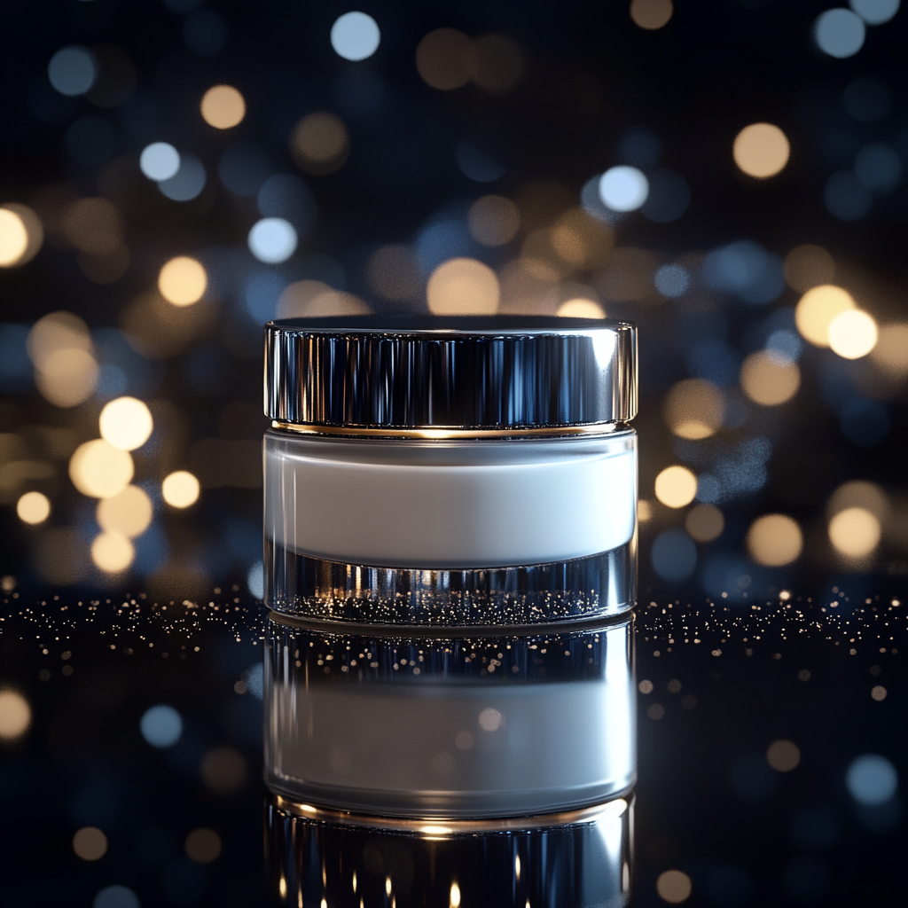 White cream skincare jar on reflective surface, elegant, sophisticated.