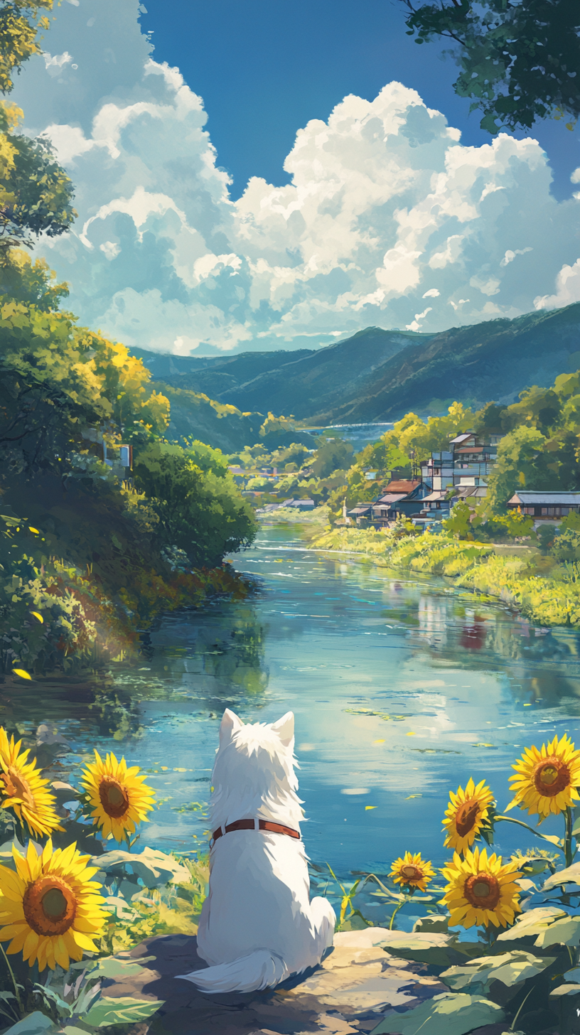 White cute dog by river, sun shining, sunflowers in foreground.