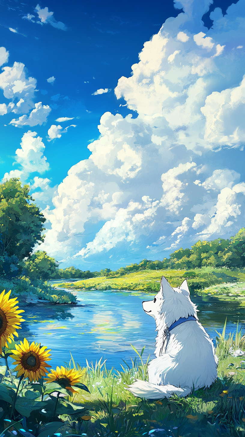 White dog relaxes by river in Japanese countryside.