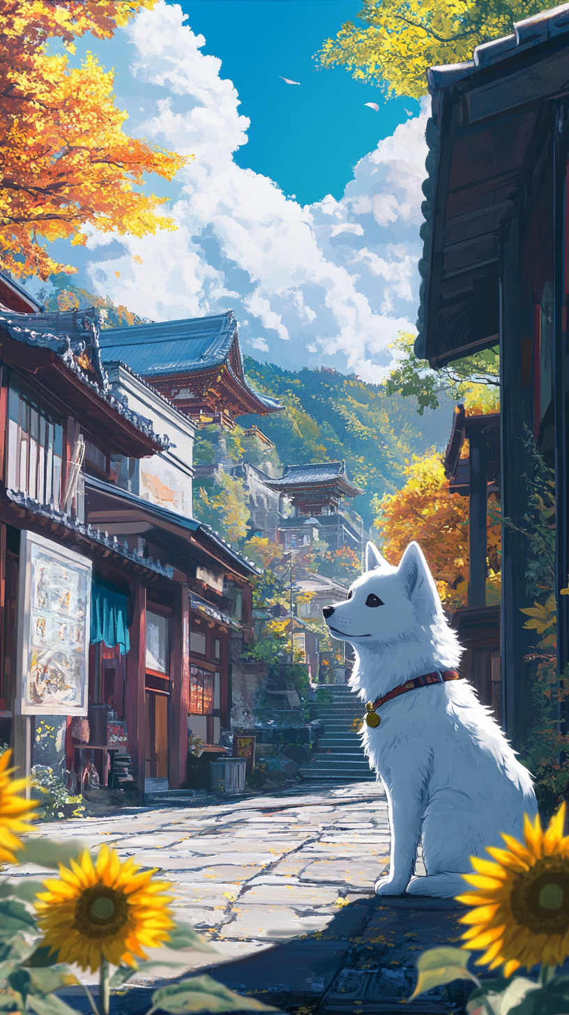 White dog relaxing at Nikko temples in Makoto Shinkai style.